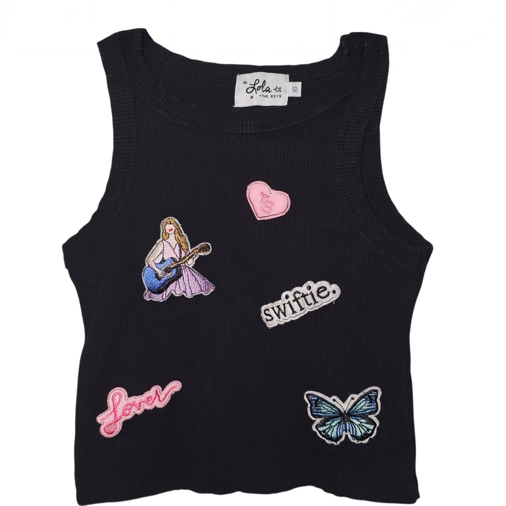 Lola + The Boys Swiftie Patch Ribbed Tank Top Black Girls Size 10 Summer Music